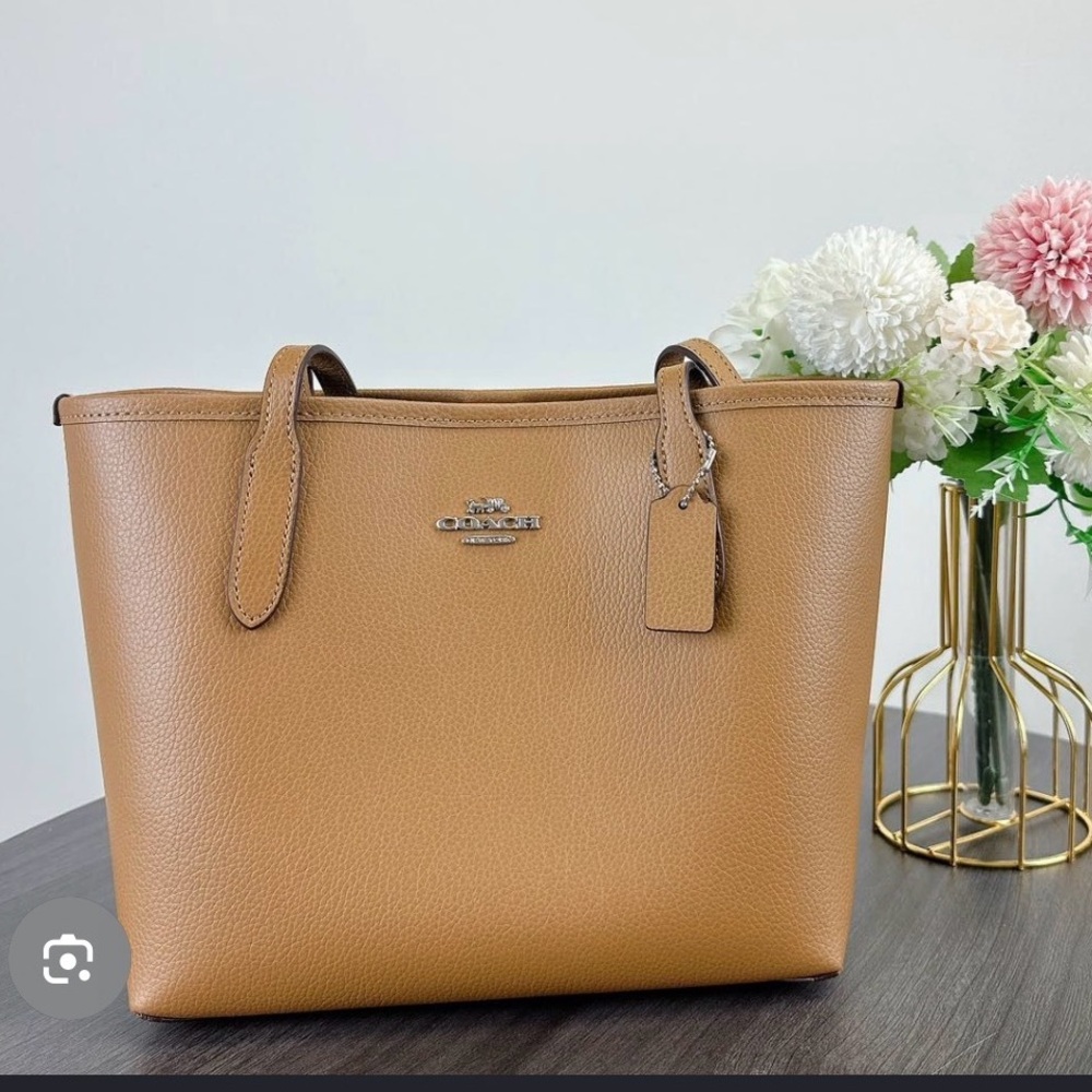 Coach Cognac Pebble Leather Tote with Signature Tag